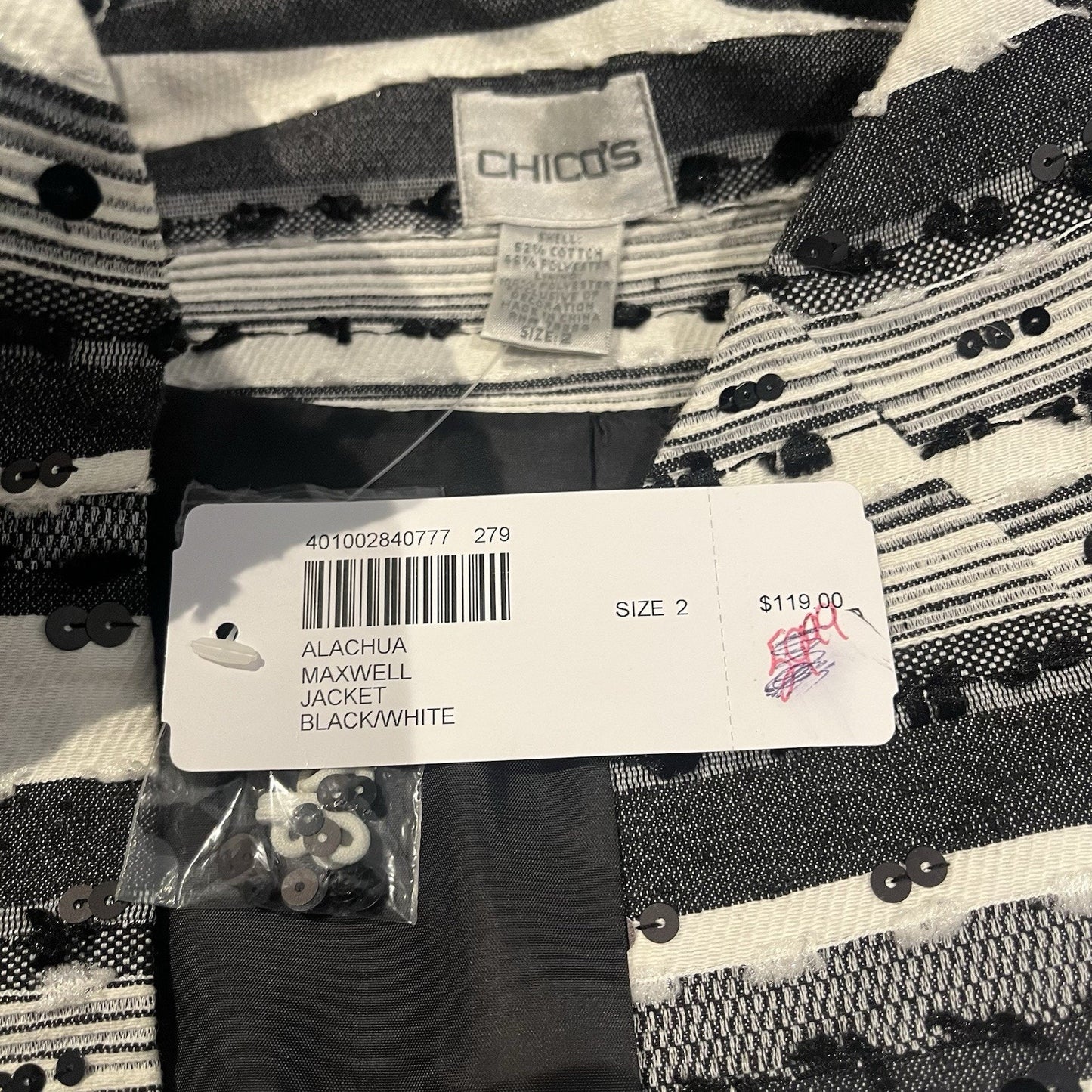 Chico's women's sz 2 Sequin striped black & white blazer jacket NWT