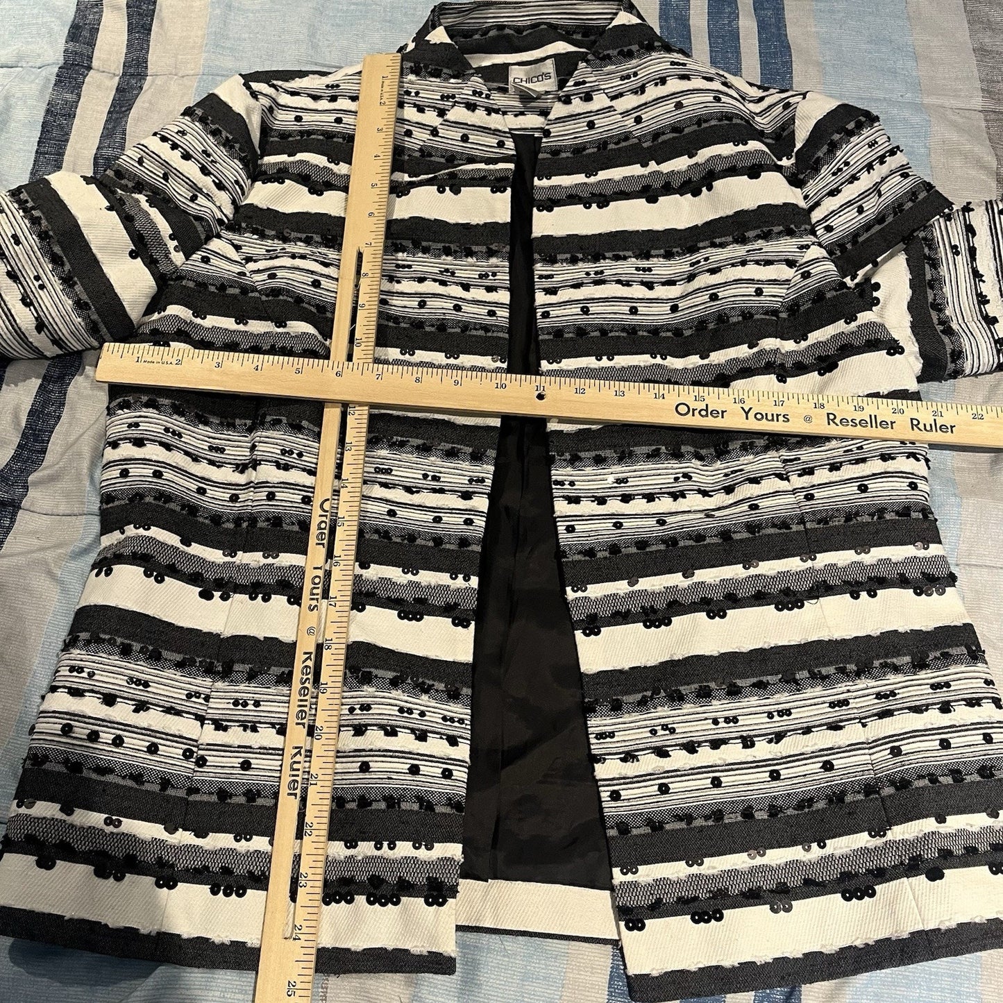 Chico's women's sz 2 Sequin striped black & white blazer jacket NWT