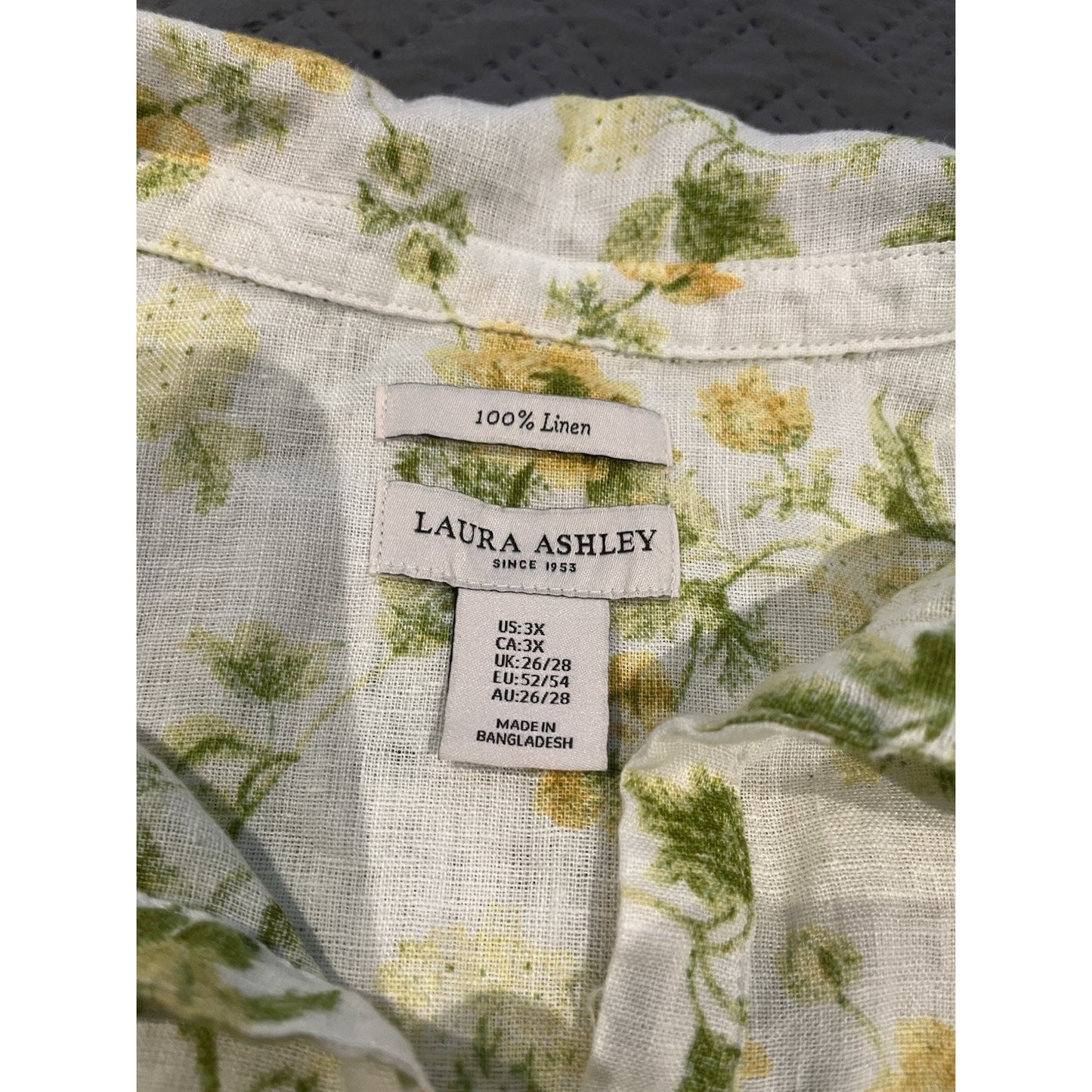 Laura Ashley Shirt 100% Linen Cream Green Yellow Floral Ties Side Hem Women’s 3X