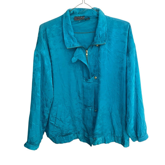 Mureli women's XL blue all over floral 100% silk full zip button windbreaker