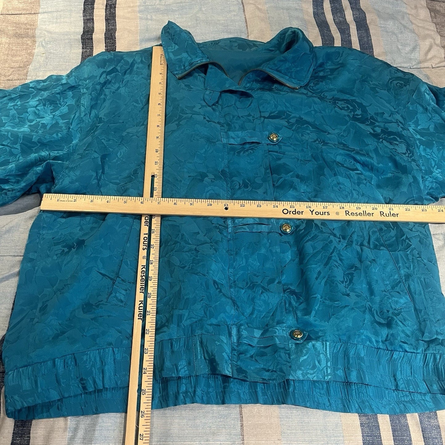 Mureli women's XL blue all over floral 100% silk full zip button windbreaker