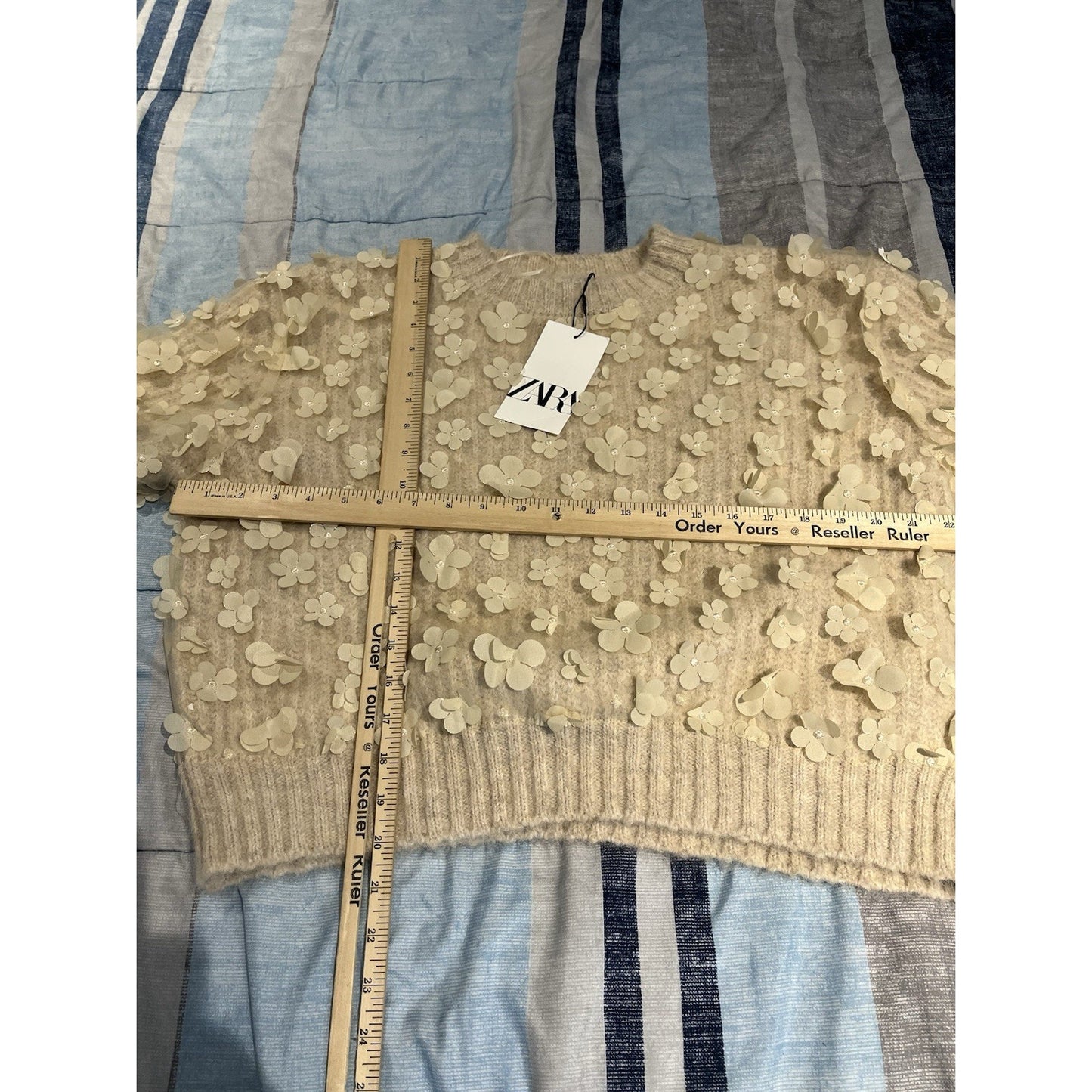 Zara women's S Combination knit floral long sleeve sweater sand/beige NWT