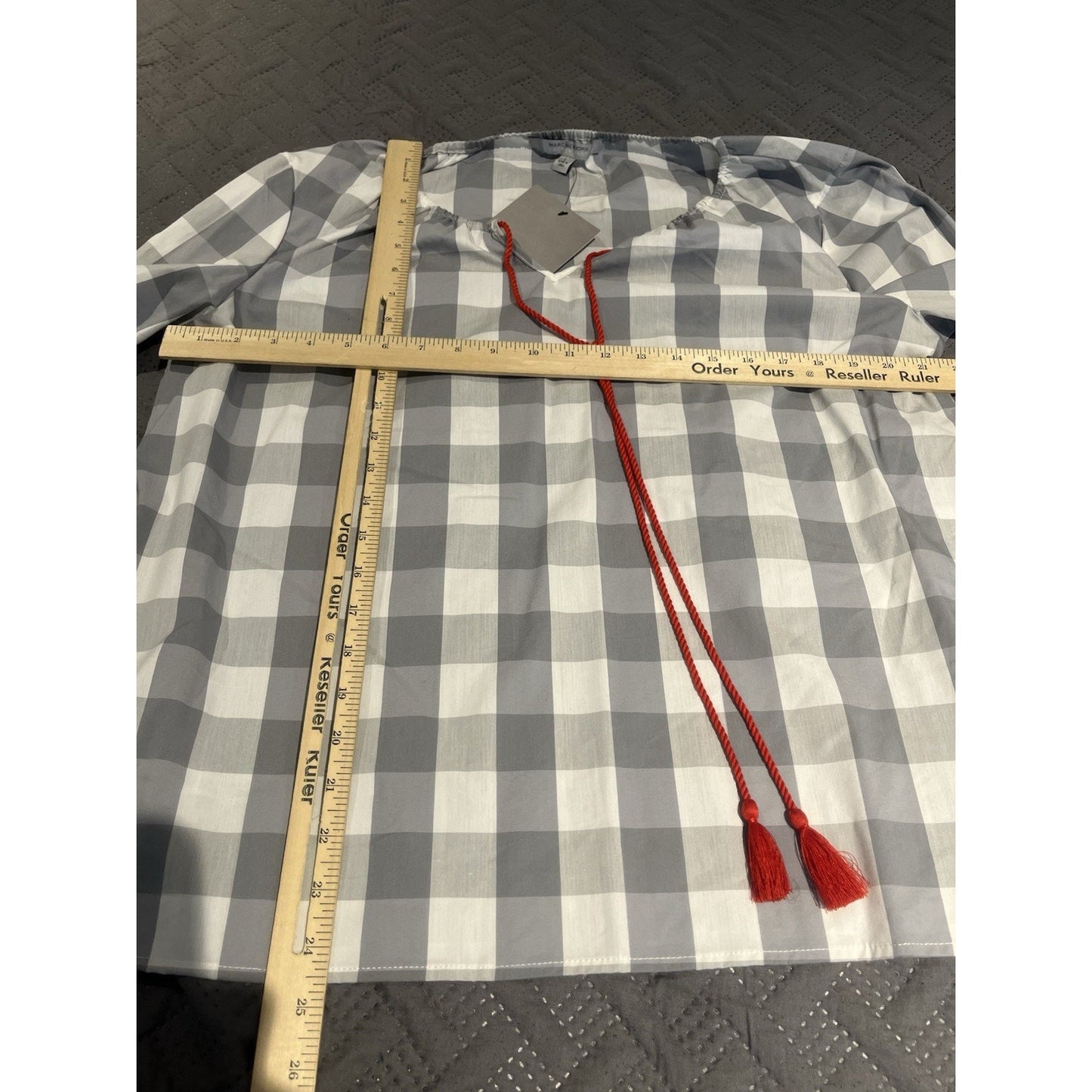 Andrew Marc Women's L Grey red floral embroidery gingham plaid top NWT