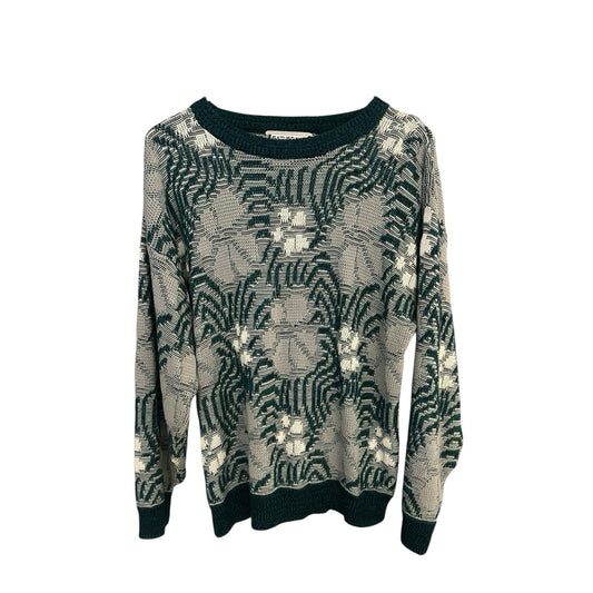 Saturdays vtg 80's women's M grey and teal floral textured knit sweater korea