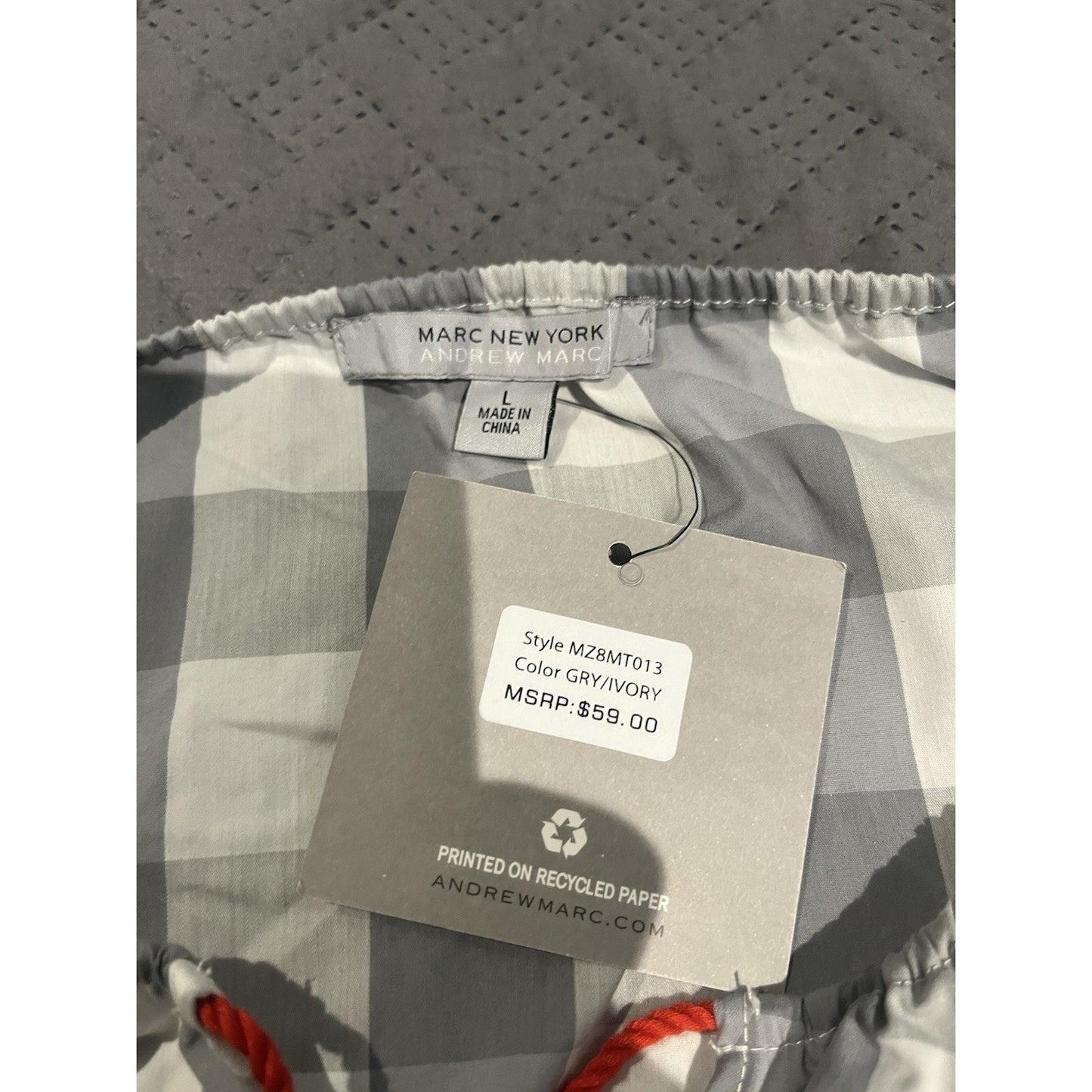 Andrew Marc Women's L Grey red floral embroidery gingham plaid top NWT