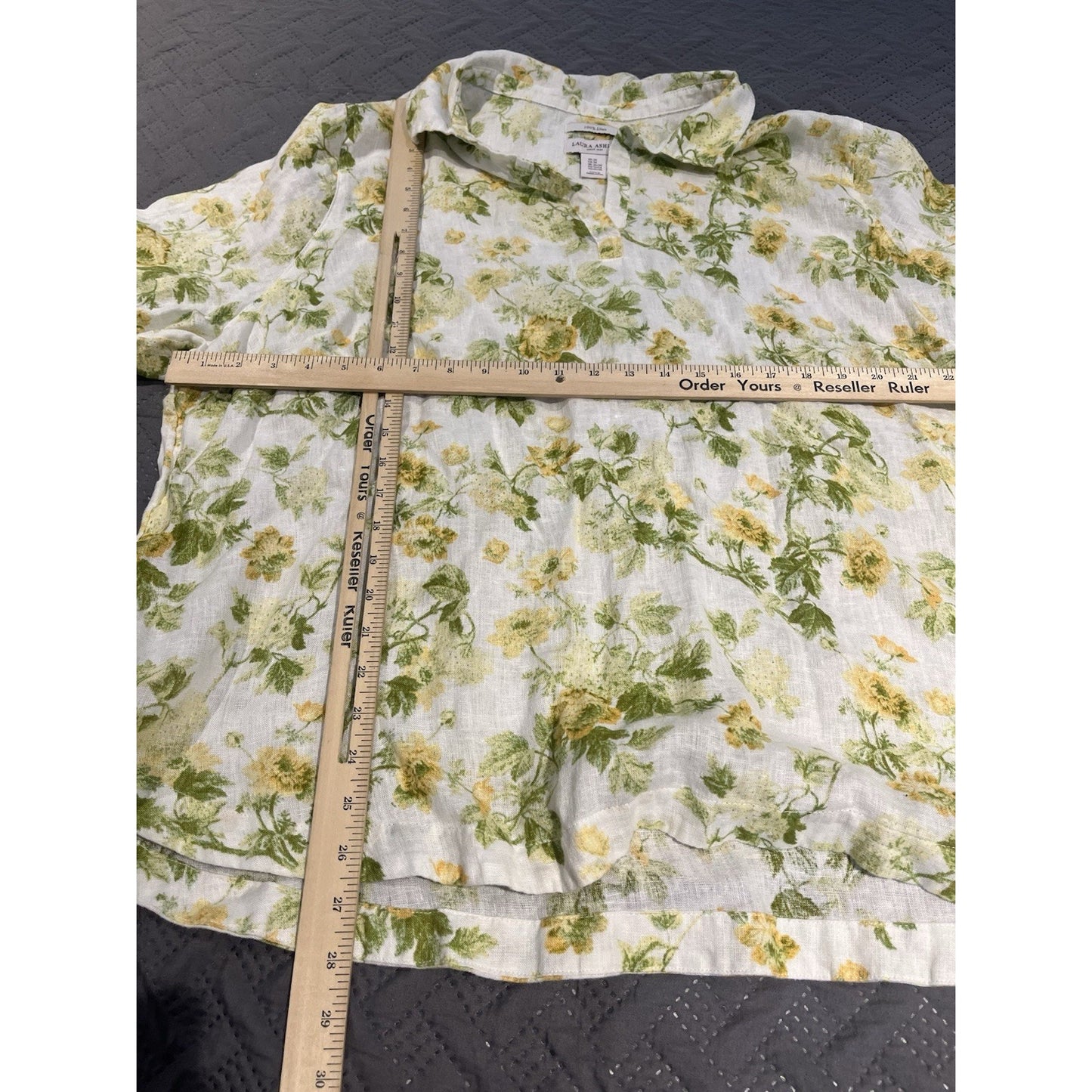 Laura Ashley Shirt 100% Linen Cream Green Yellow Floral Ties Side Hem Women’s 3X