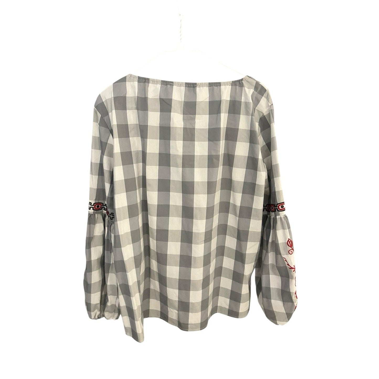 Andrew Marc Women's L Grey red floral embroidery gingham plaid top NWT