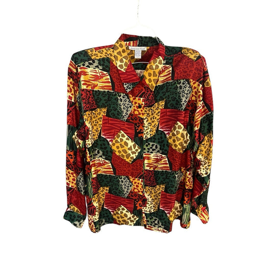 Vtg Anna & Frank women's L 100% silk multicolored button up shoulder pad shirt