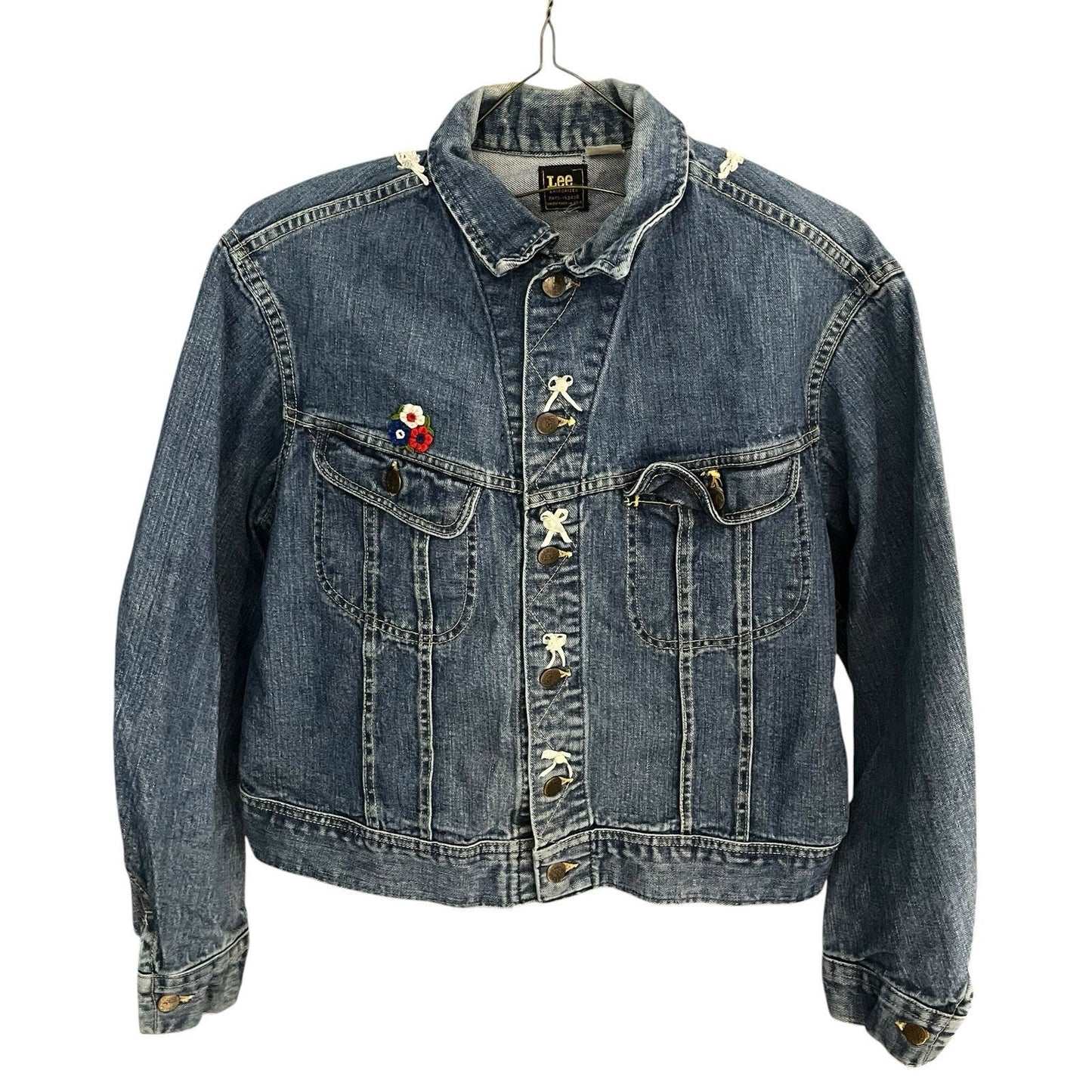 Vtg Lee Sanforized Women's M lace applique blue union made denim jacket