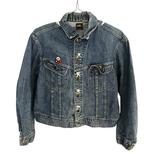 Vtg Lee Sanforized Women's M lace applique blue union made denim jacket