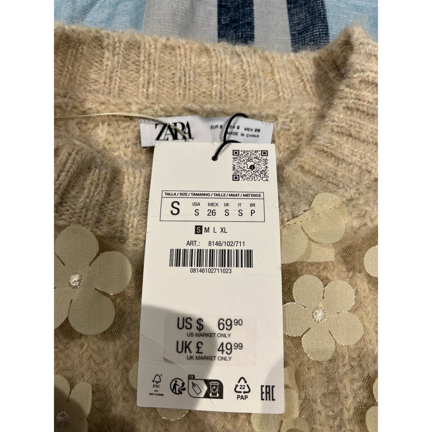 Zara women's S Combination knit floral long sleeve sweater sand/beige NWT