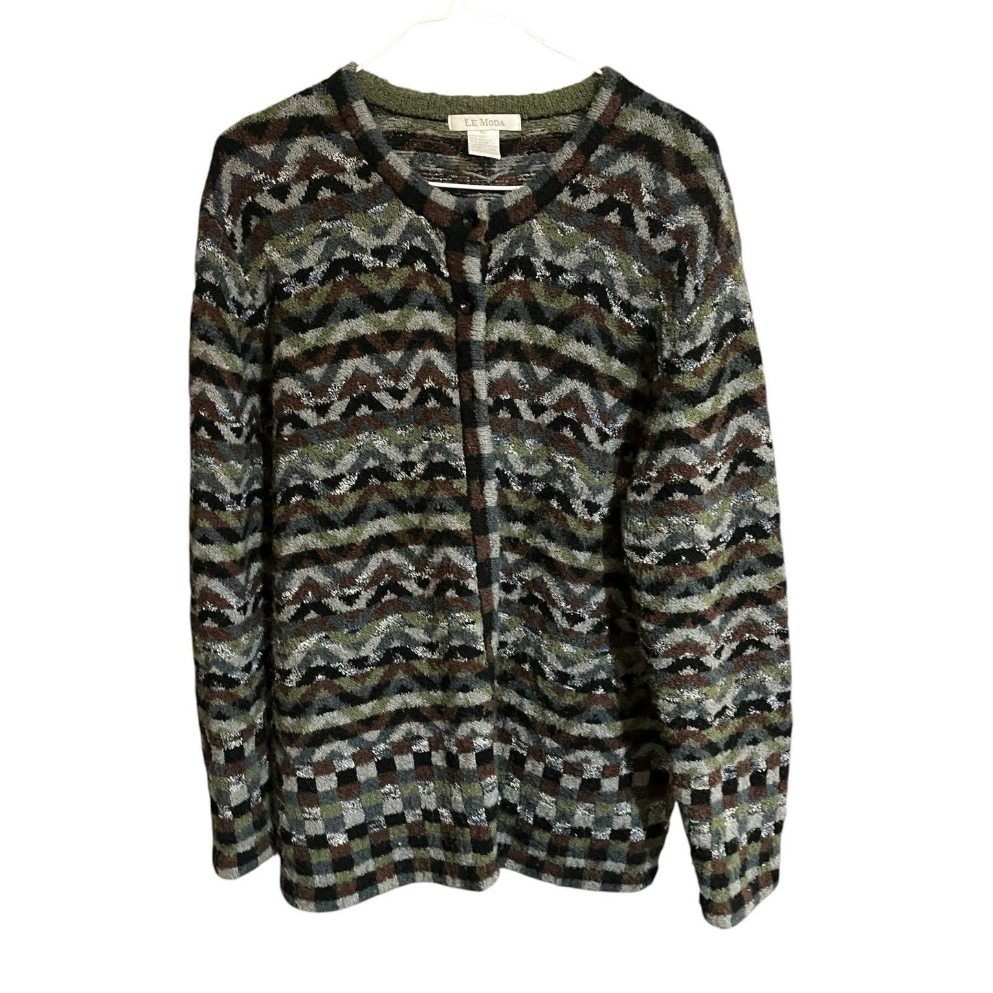 Le Moda Women's XL wool blend button up geometric button-up cardigan sweater