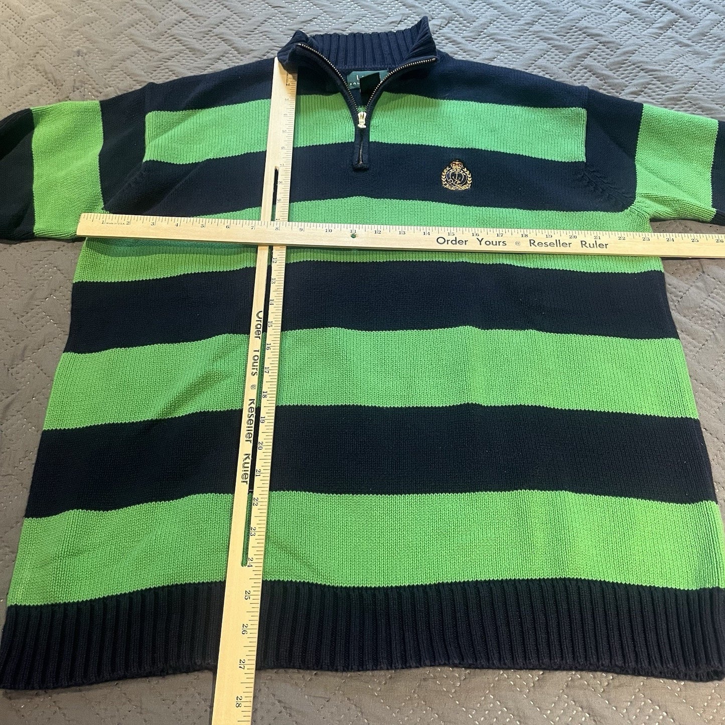 Lauren Ralph Lauren Women's XL Knit Mock Neck 1/4 zip Sweater Striped Blue Green