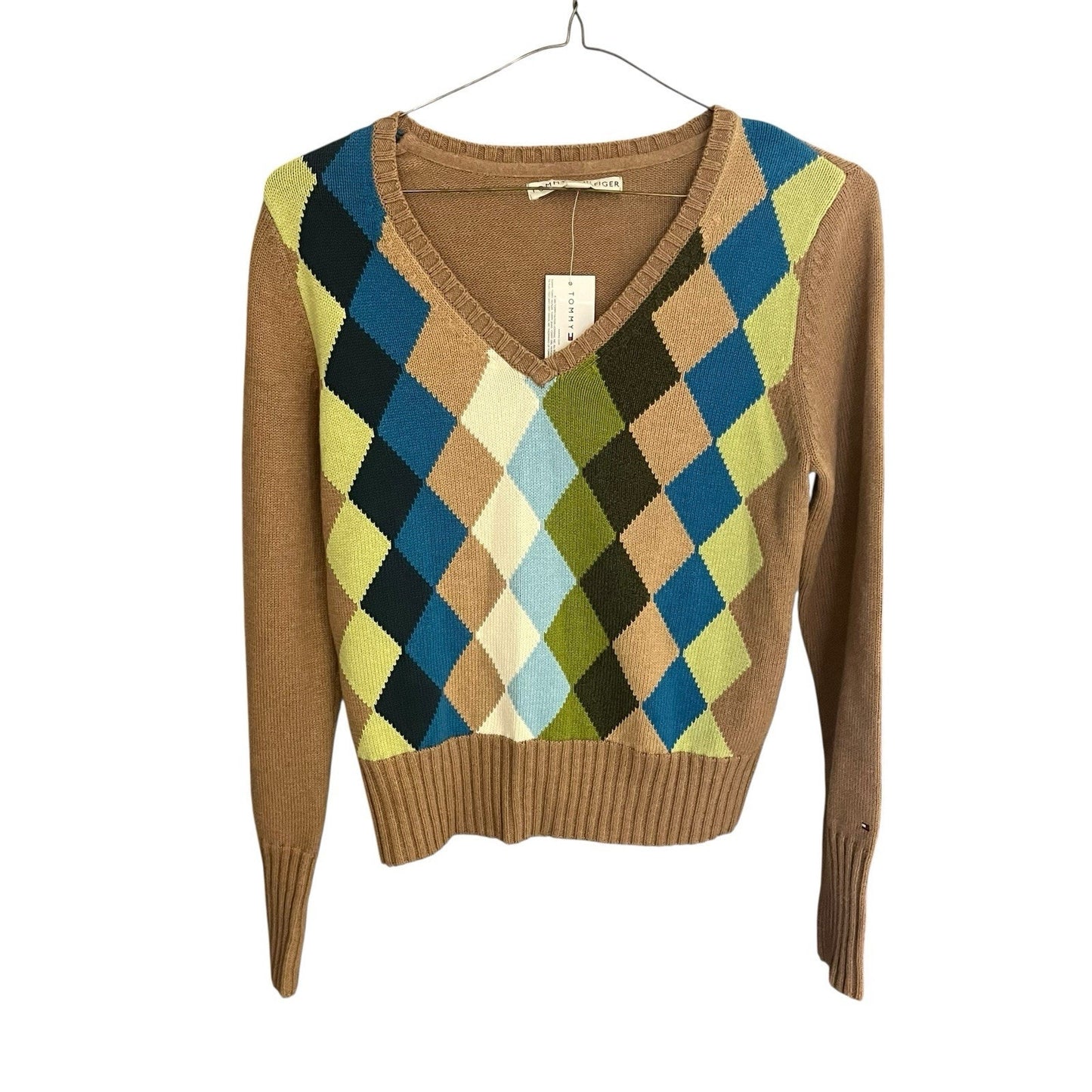 Tommy Hilfiger Women's L rustic chic long sleeve argyle knit v-neck sweater NWT