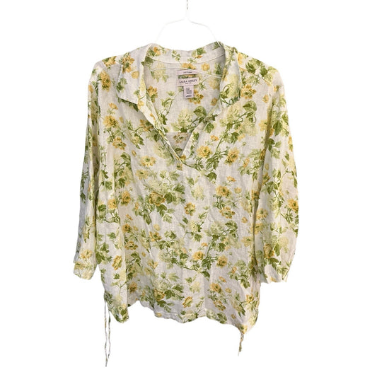 Laura Ashley Shirt 100% Linen Cream Green Yellow Floral Ties Side Hem Women’s 3X