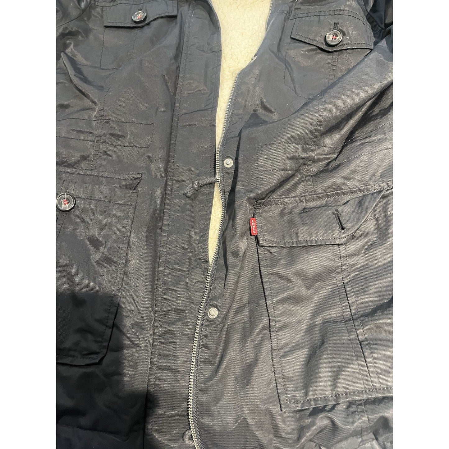 Levis Parka Womens Large Black Sherpa Lined Faux Fur Hooded Coat Jacket