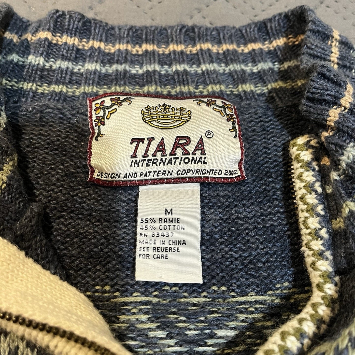 Vintage Tiara International women's M Navy Fair Isle Full Zip Cardigan sweater