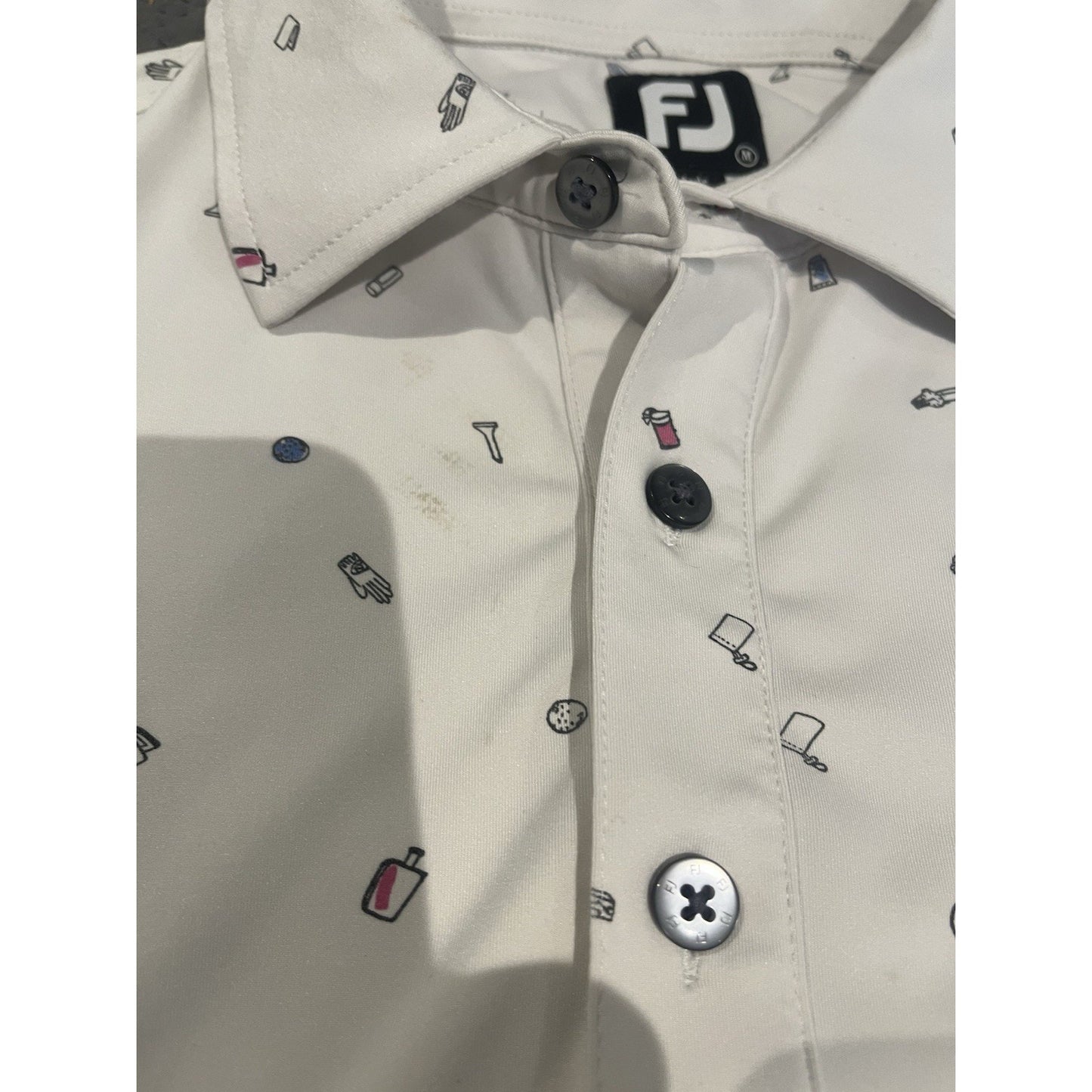 Footjoy FJ Men's M Polo Shirt Golf bag Doodle All Over Print Lisle Performance