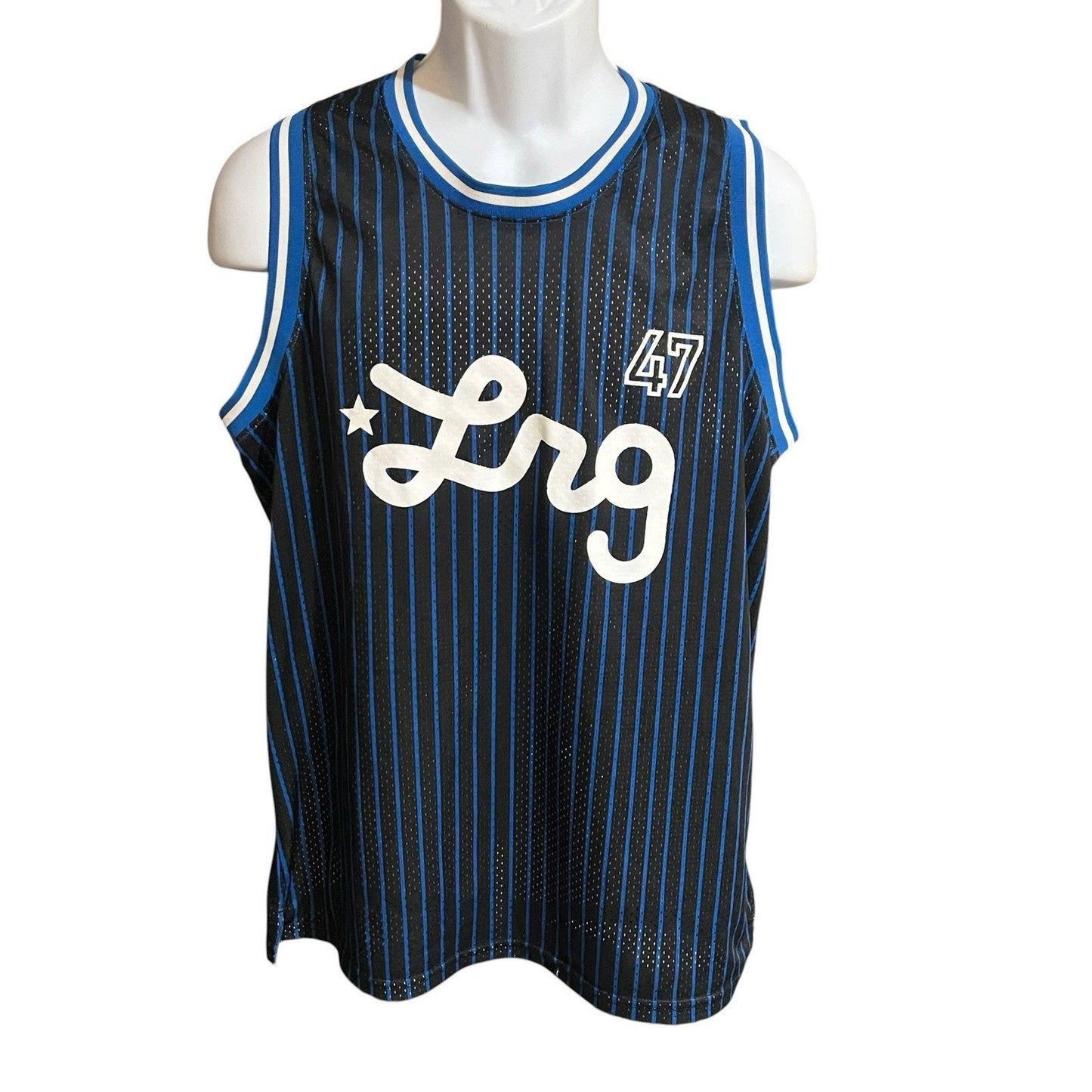 LRG Lifted research group Men's L black/blue striped logo basketball #47 jersey