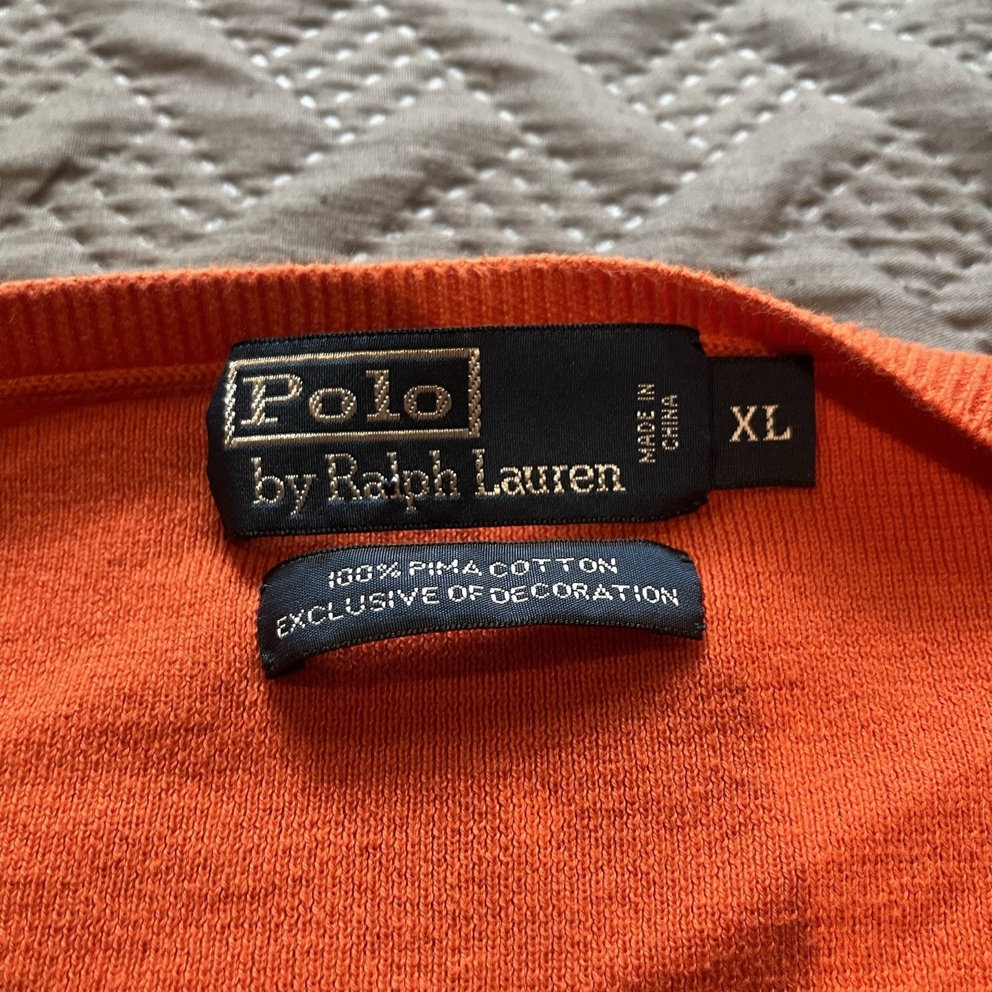 Vtg Polo Ralph Lauren Men's XL embroidered orange pima cotton v-neck sweater
