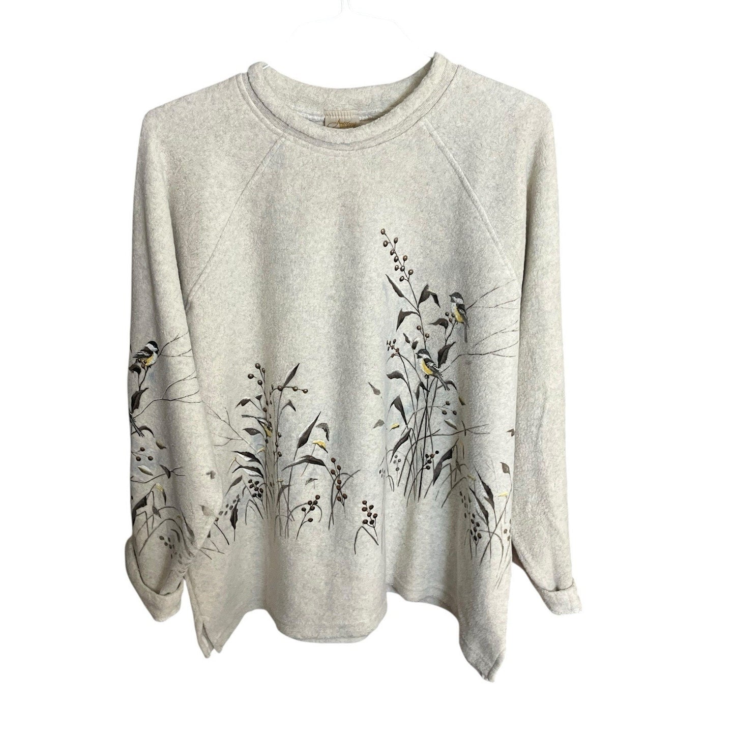 VTG Artisians women's 2XL birds flower print fleece beige sweater