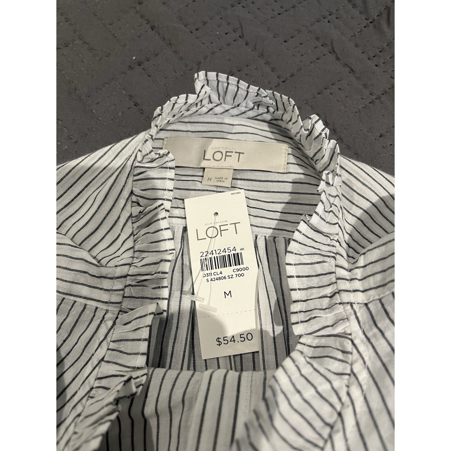Loft Women's M pinstripe ruffle-neck shirt NWT