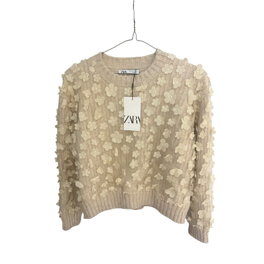 Zara women's S Combination knit floral long sleeve sweater sand/beige NWT
