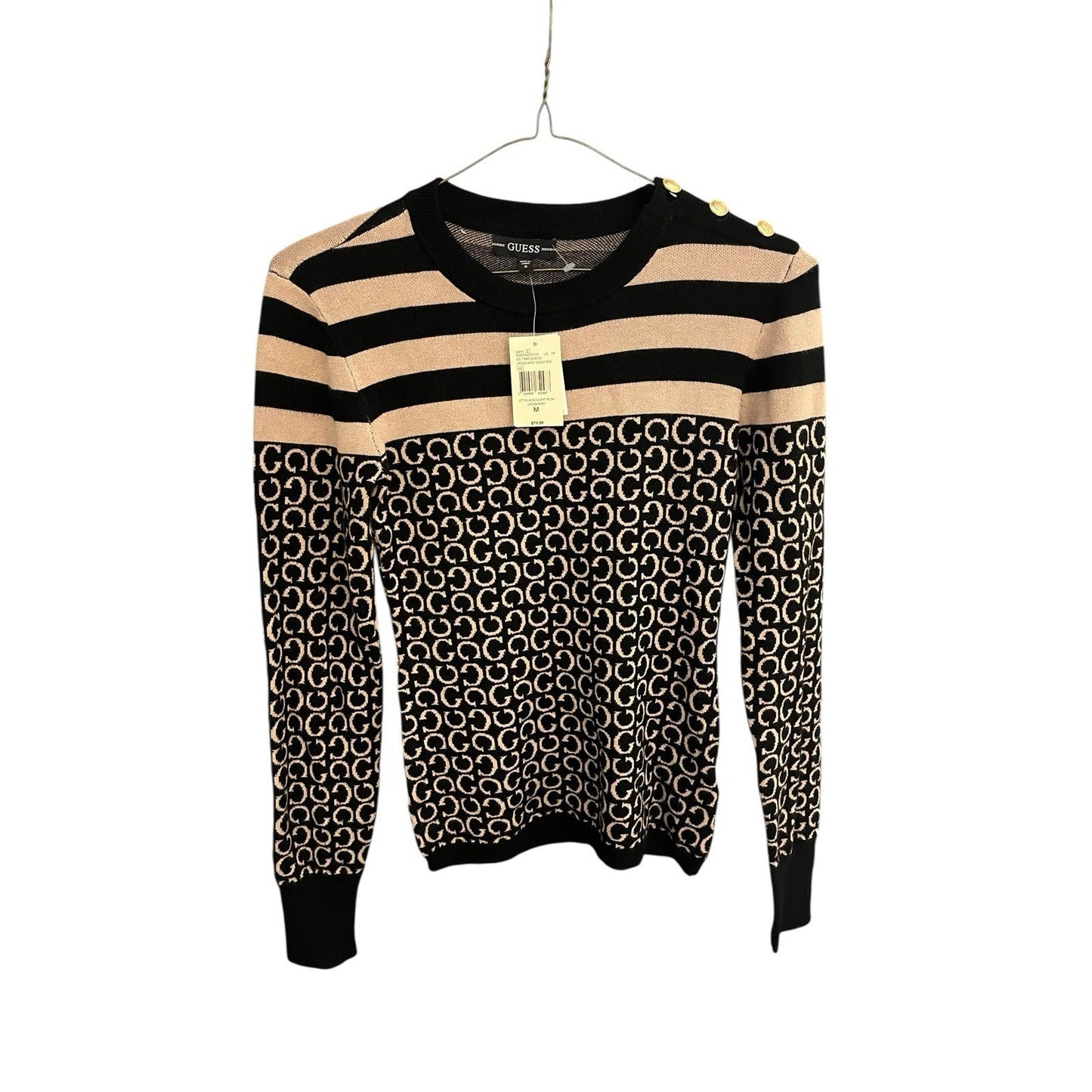 Guess Women's M black/light rum jacquard G logo long sleeve sweater NWT