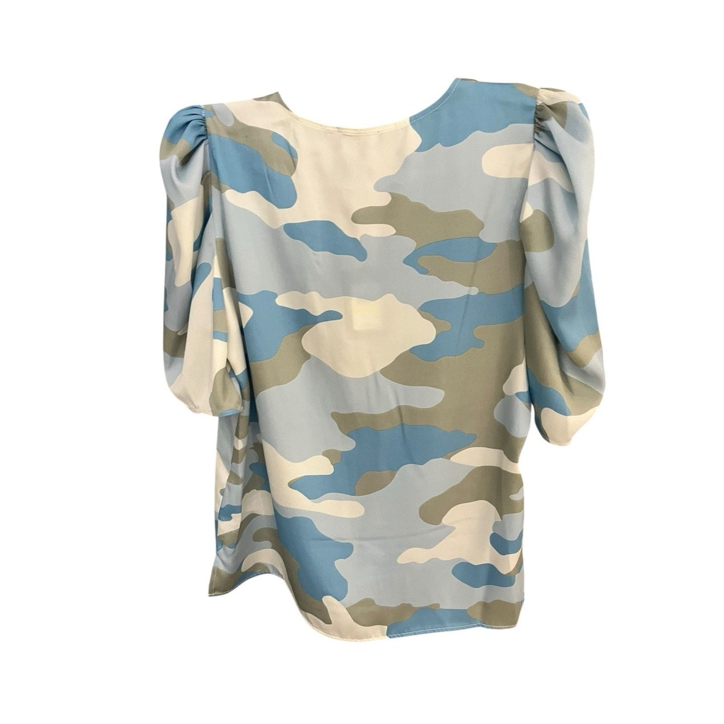 DKNY Women's M balloon sleeve blue camo blouse NWT