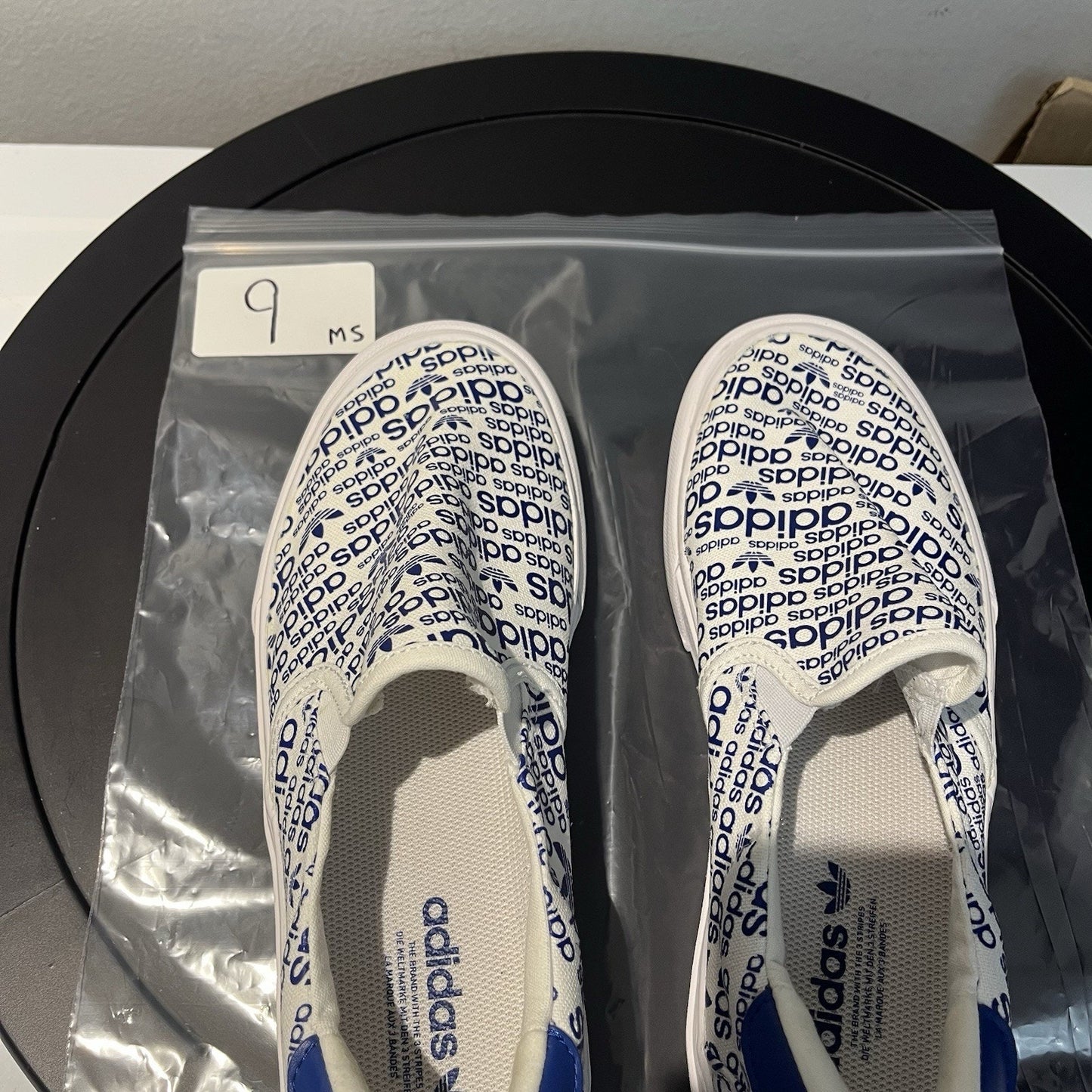 Adidas Court Rallye Allover Print White and Blue Logo Slip On Sneakers Men's 7