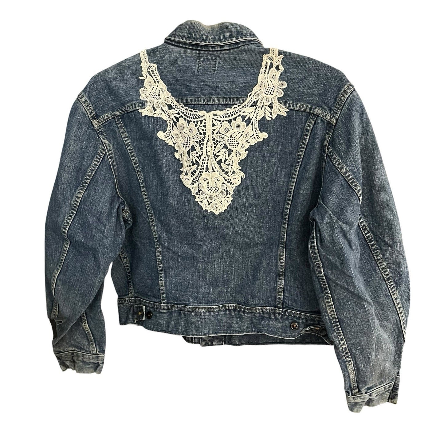 Vtg Lee Sanforized Women's M lace applique blue union made denim jacket