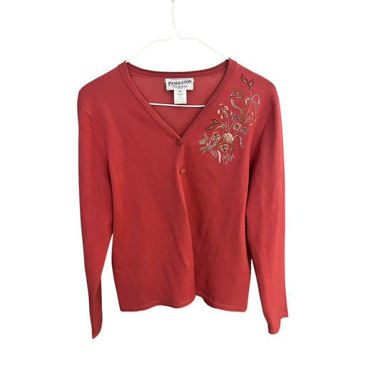 Pendleton Sz M Coral Embroidered Silk Blend Long Sleeve V-neck Cardigan Sweater