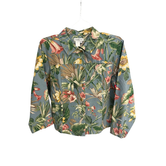 Coldwater Creel Women's L floral print collard denim button-up jacket USA made