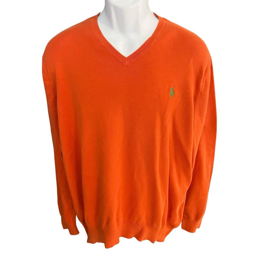 Vtg Polo Ralph Lauren Men's XL embroidered orange pima cotton v-neck sweater