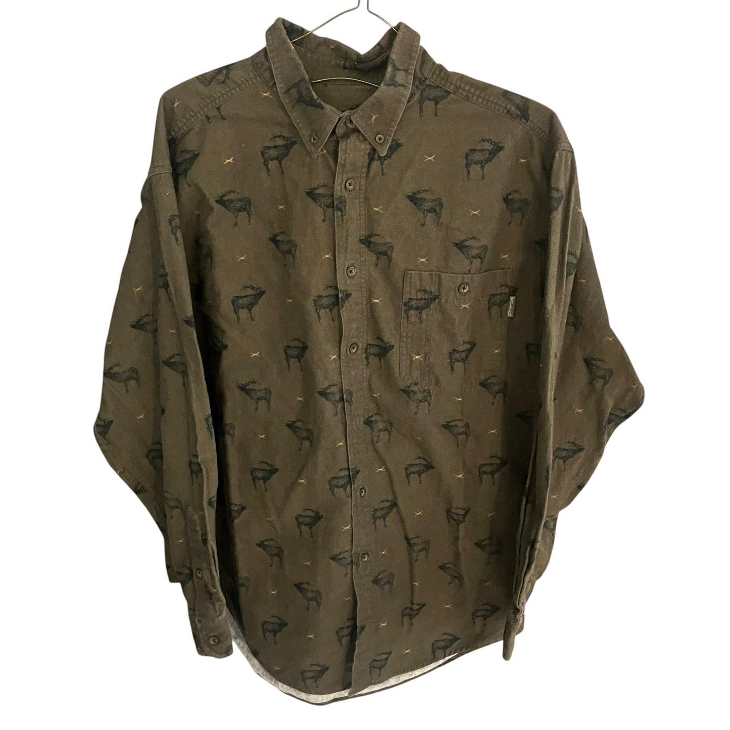 Vtg Woolrich Men's 2XL all over elk print brushed cotton button down shirt