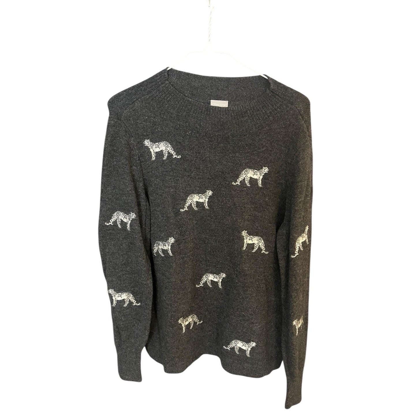 Chicos Women's 1 M Charcoal Gray Cheetah Embellished Mock Neck Sweater