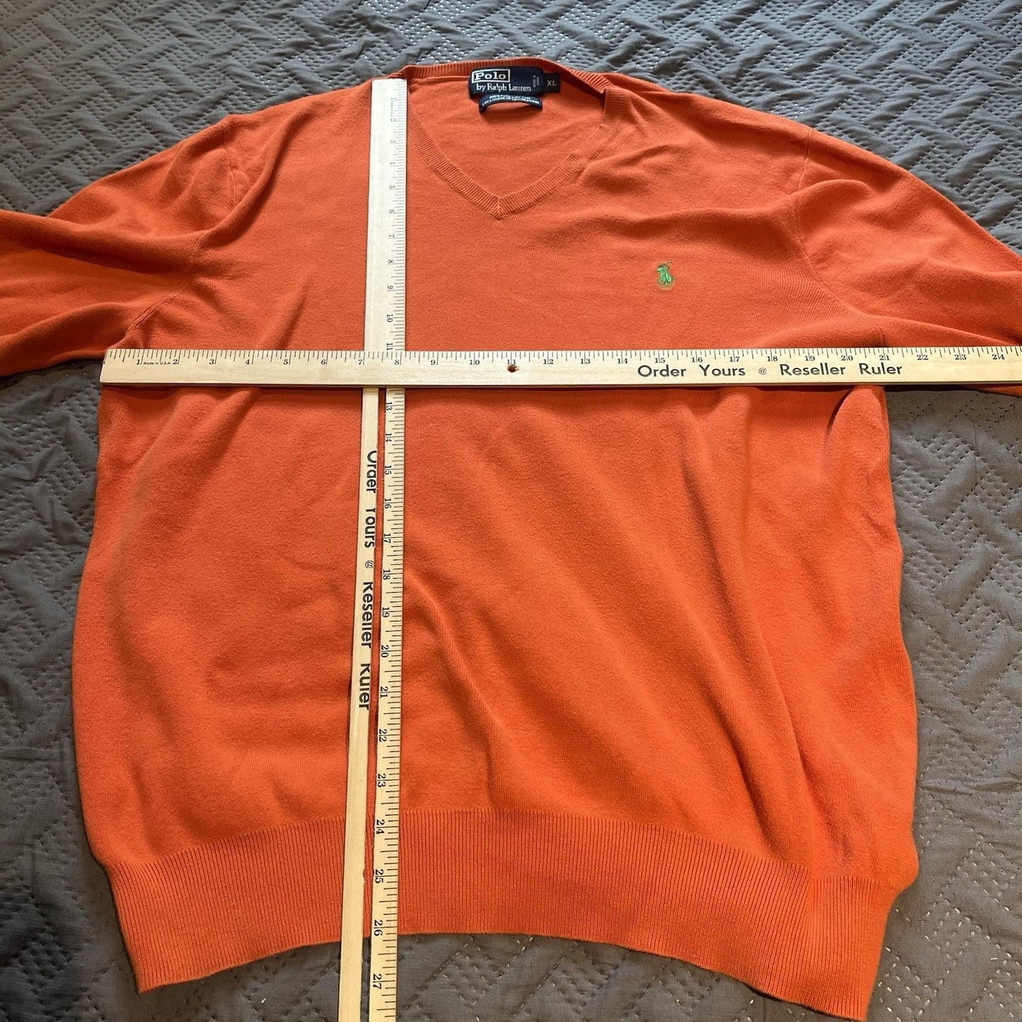 Vtg Polo Ralph Lauren Men's XL embroidered orange pima cotton v-neck sweater