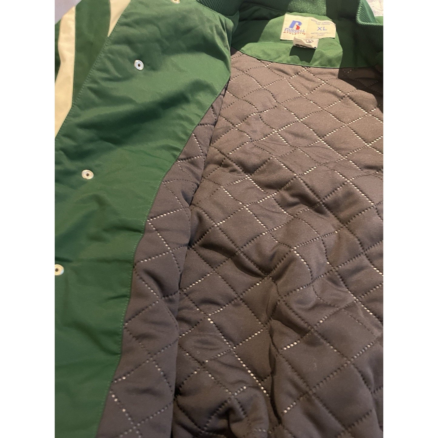 Vtg Russell Athletic Men's XL Baseball varsity Jacket Green 2 stripe white