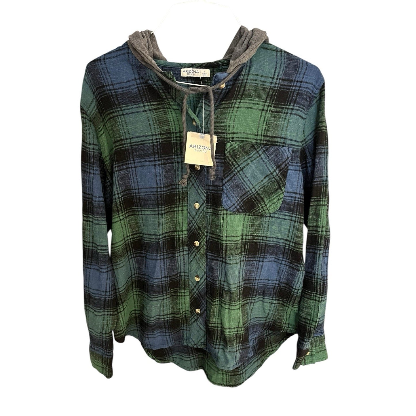 Arizona Jean Co Men's L green/blue plaid hooded button up flannel jacket NWT