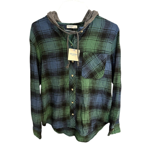 Arizona Jean Co Men's L green/blue plaid hooded button up flannel jacket NWT