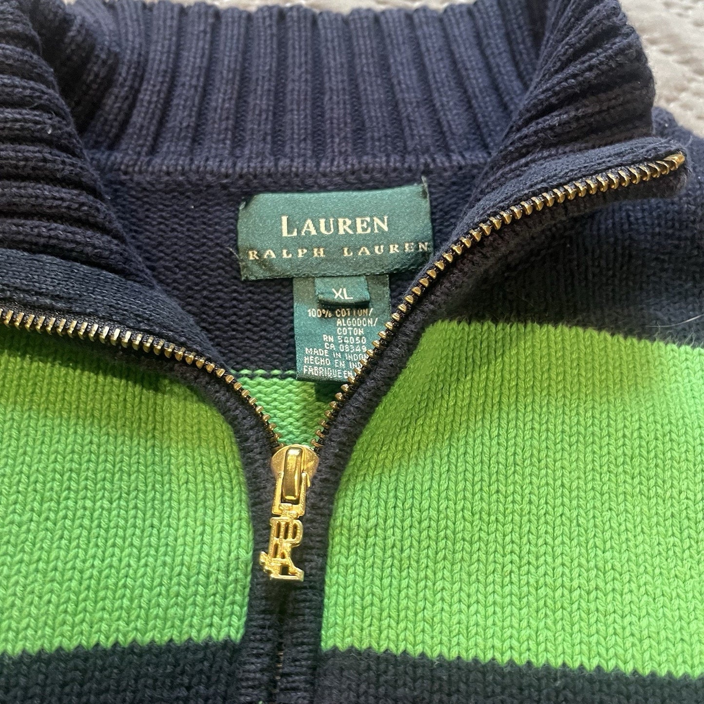 Lauren Ralph Lauren Women's XL Knit Mock Neck 1/4 zip Sweater Striped Blue Green