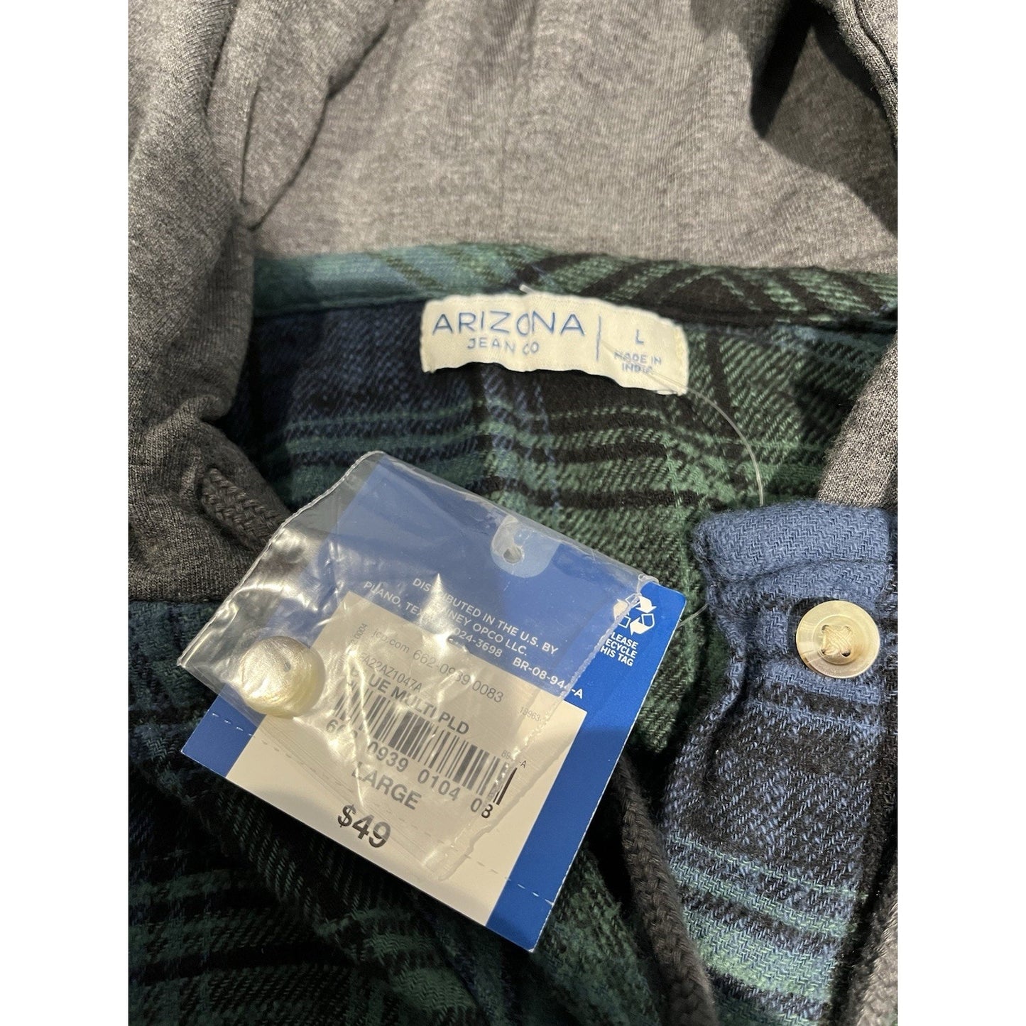Arizona Jean Co Men's L green/blue plaid hooded button up flannel jacket NWT