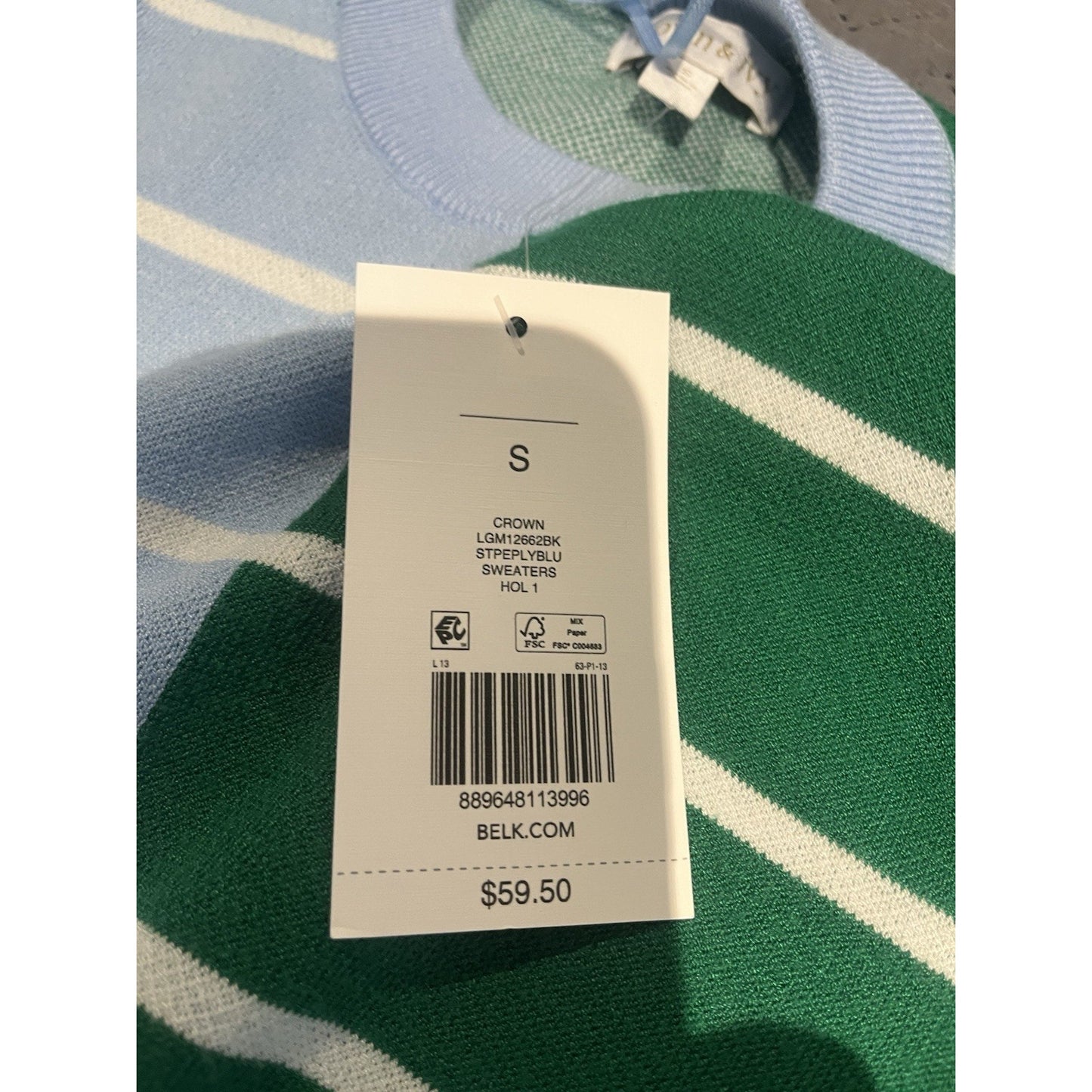 Crown & Ivy Women's S striped blue/green colorblock sweater NWT