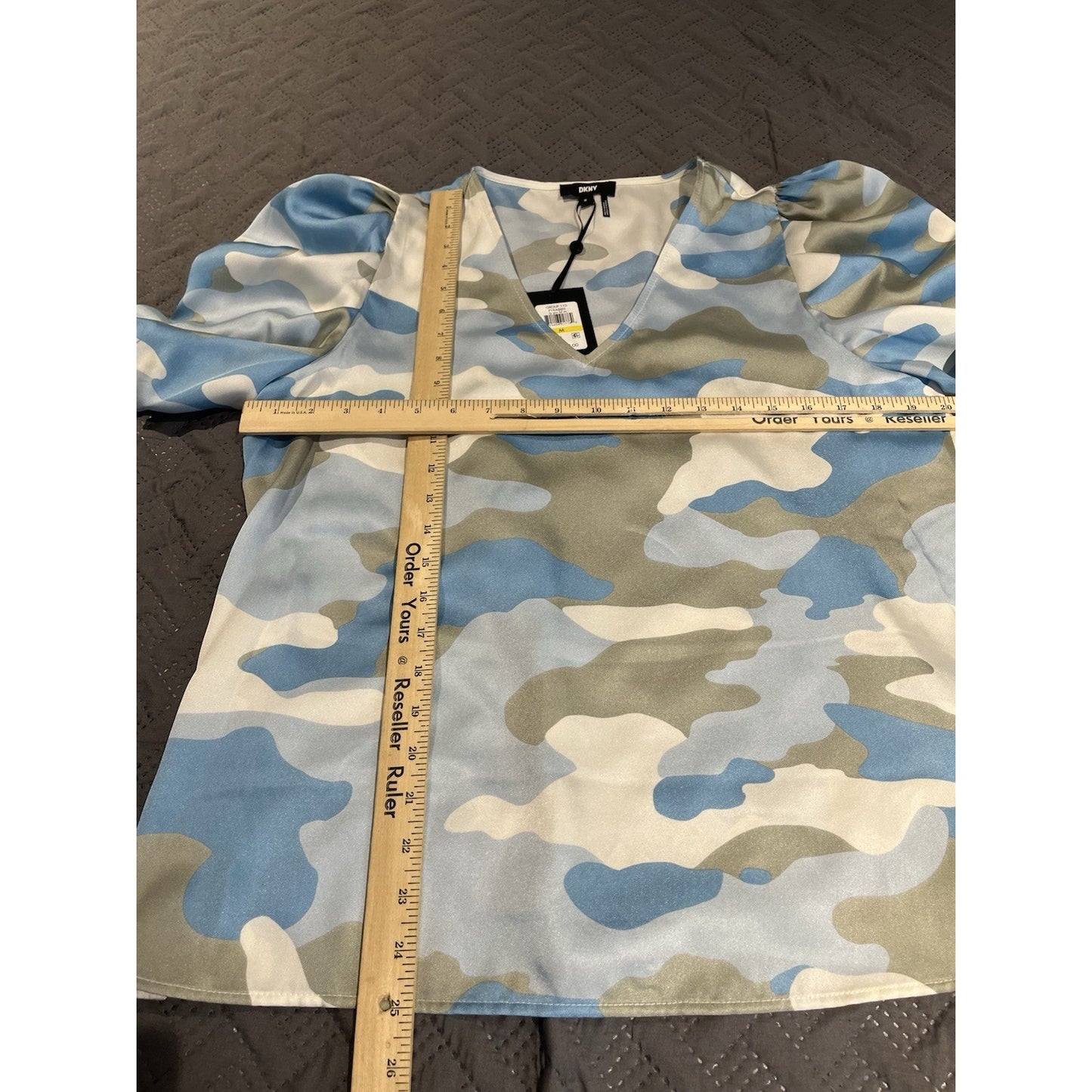 DKNY Women's M balloon sleeve blue camo blouse NWT