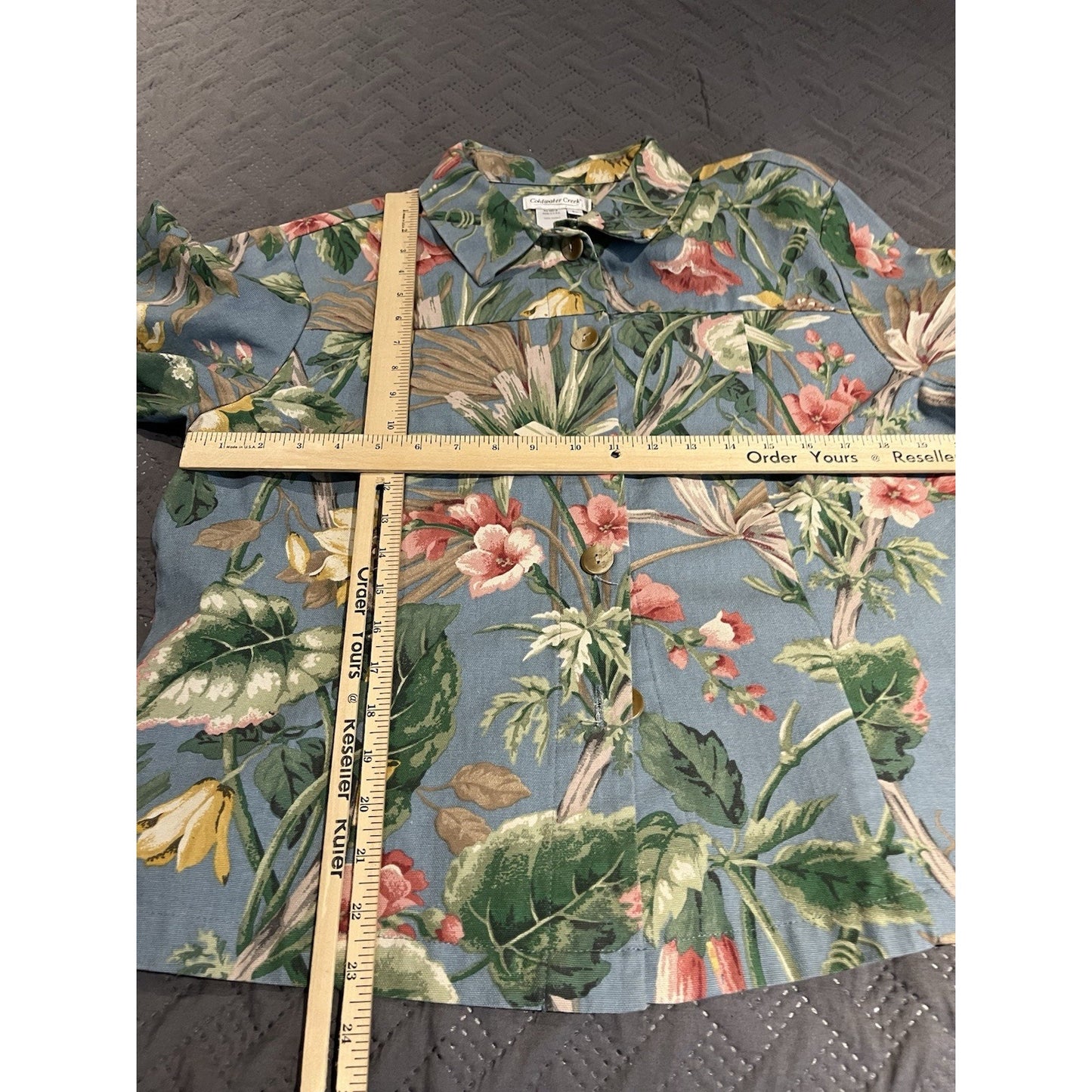 Coldwater Creel Women's L floral print collard denim button-up jacket USA made